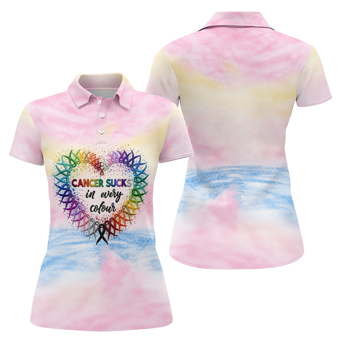 Cancer Sucks In Every Colour Ribbon Heart Polo Shirt, Ladies Golf Tops, Women’s Golf Polo