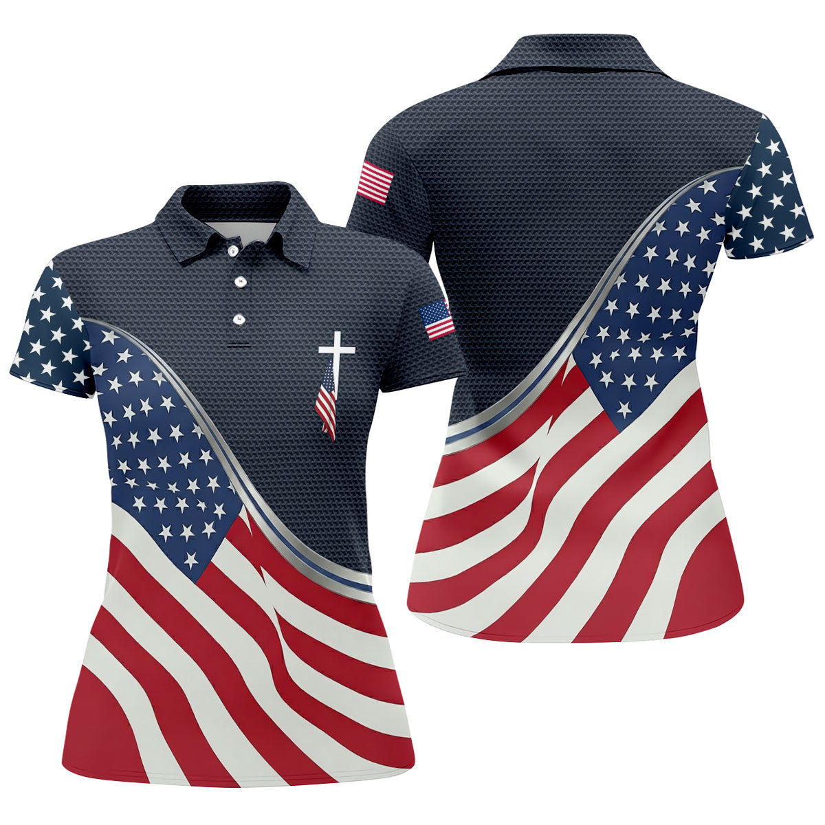 Christian American Flag Cross Golf Polo Shirt, Women's Golf Polo, Golf Tops For Women