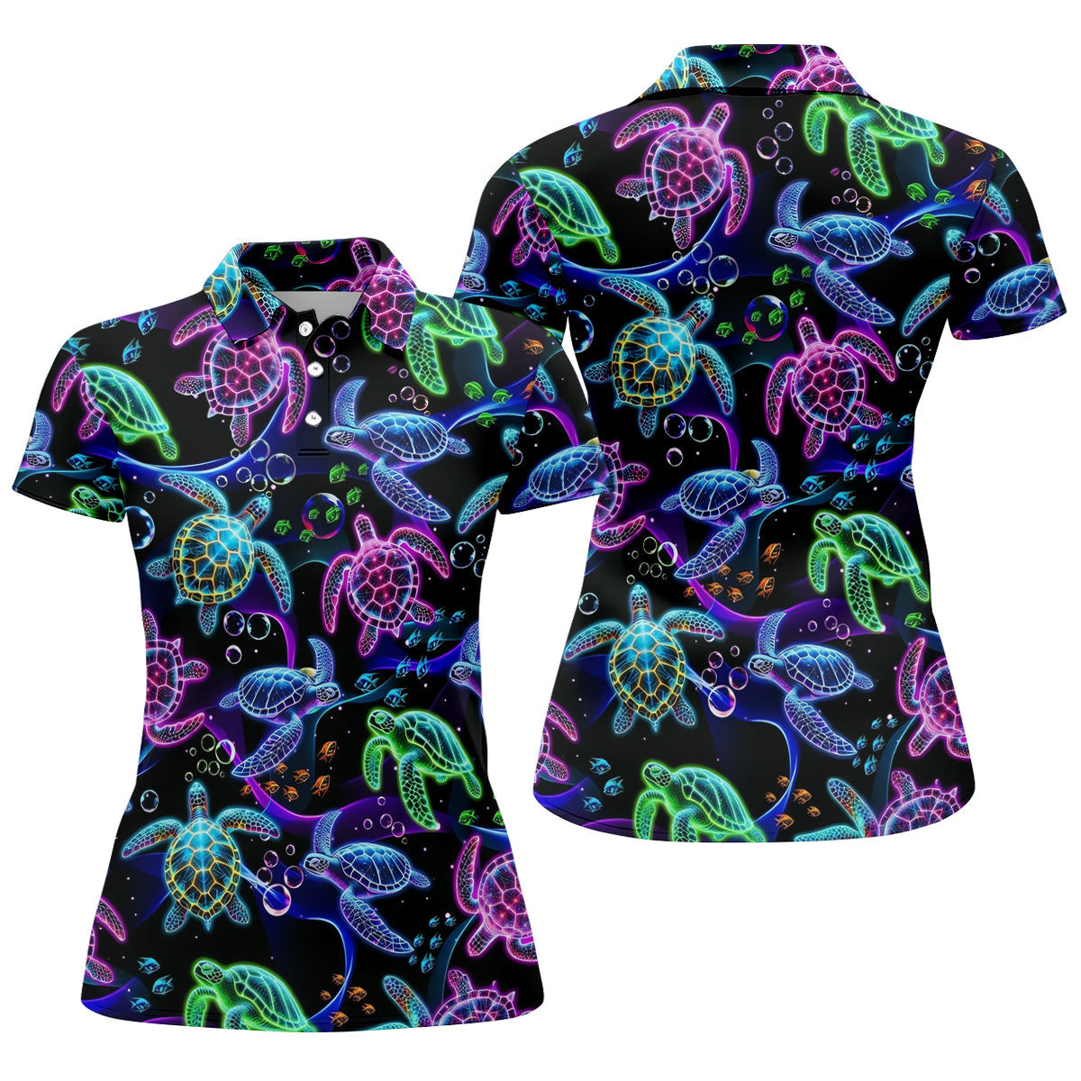 Neon Sea Turtle Ocean Pattern Hawaiian Golf Polo Shirt, Women’s Golf Polo, Ladies Golf Shirts