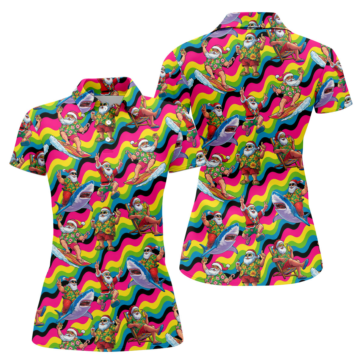 Funny Surfing Santa Riding Shark Hawaiian Golf Shirt, Golf Polo For Women, Printed Golf Shirt