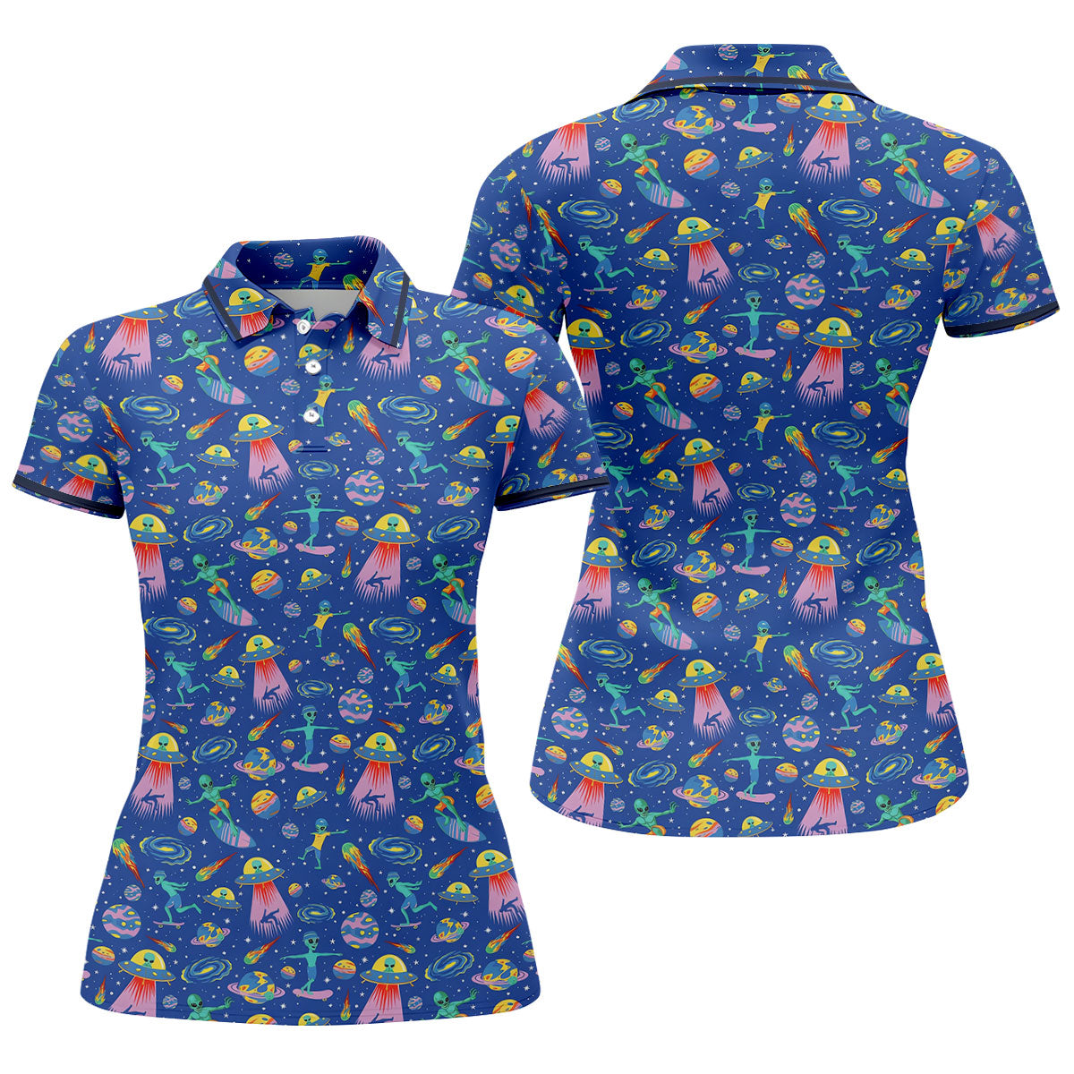Surfing Alien Space Galaxy Hawaiian Golf Shirt, Golf Shirts For Women, Performance Golf Shirt