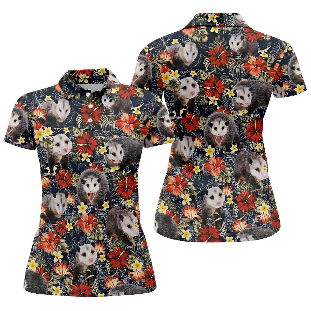 Cute Possums Hibiscus Flowers Golf Polo, Island Foliage Hawaiian Golf Shirt, Golf Tops For Women, Golfing Apparel