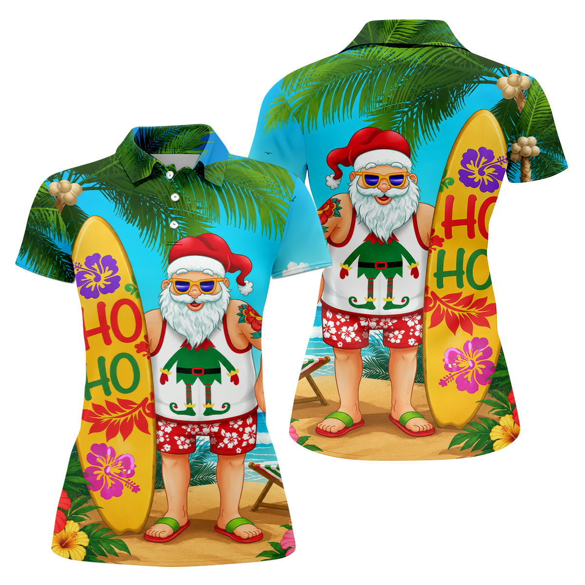 Surfboard Santa Tropical Christmas Golf Shirt, Women's Golf Tops, Hawaiian Golf Shirt