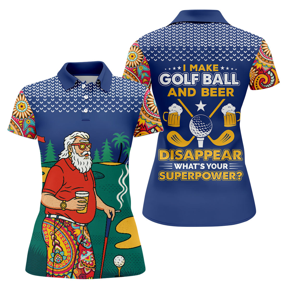 Funny Bearded Golfer Beer Lover Paisley Sleeve Golf Polo, Ladies Golf Shirts, Women’s Golf Apparel