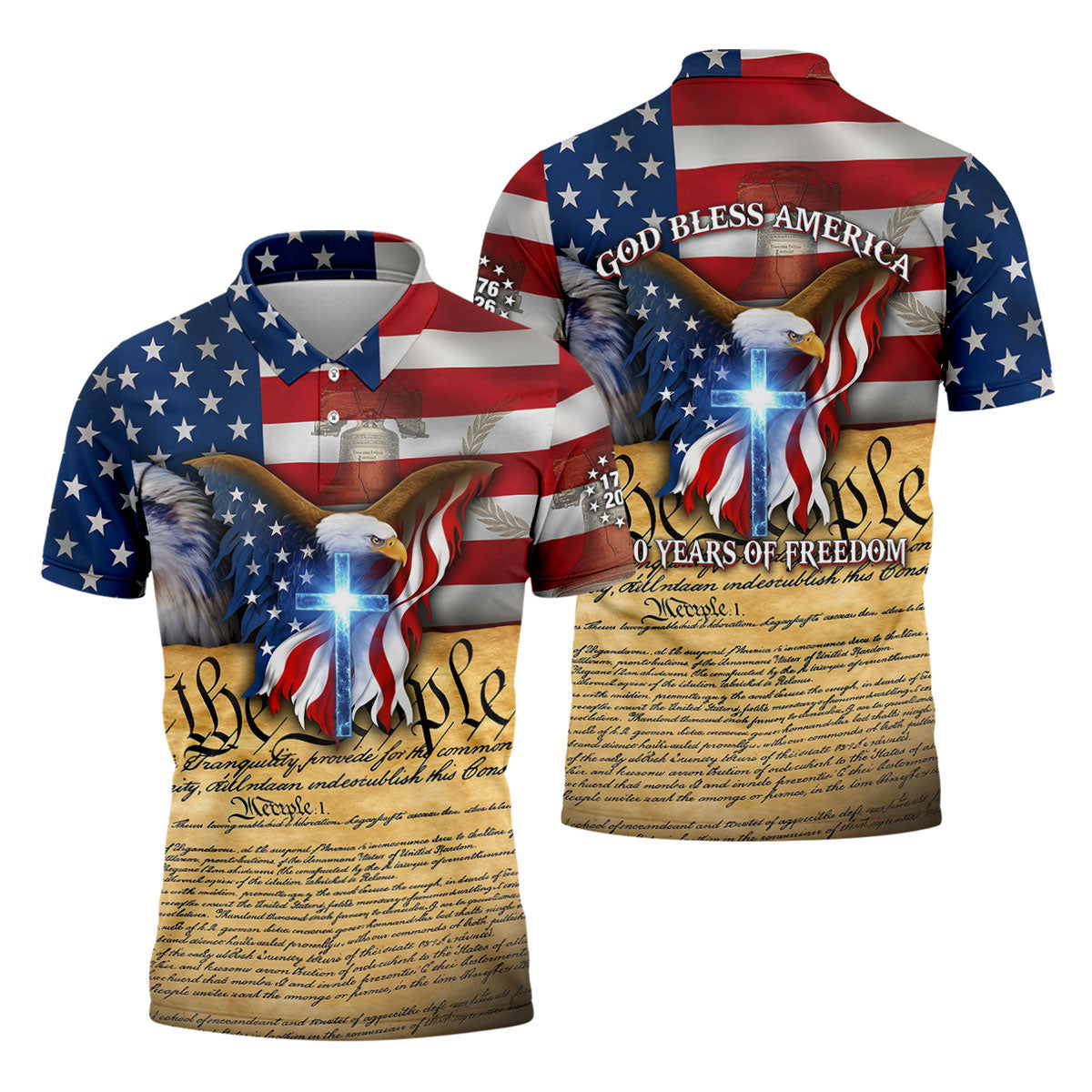 God Bless America 250 Years Of Freedom Faith Cross Patriotic Golf Shirt, 4th Of July Golf Shirts For Men