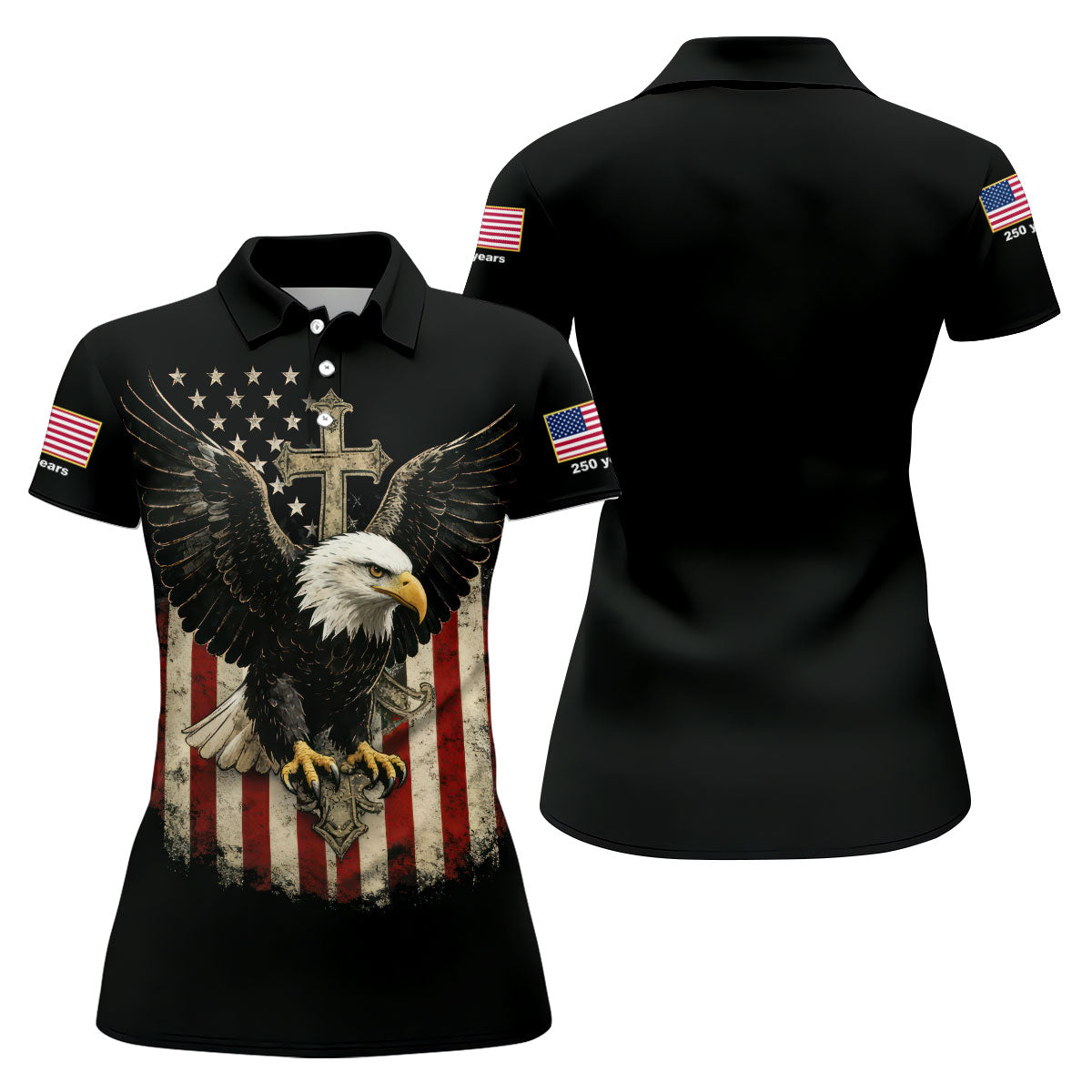 Faith Cross Bald Eagle And US Flag Black Golf Shirt, Patriotic 4th Of July Golf Shirt For Women