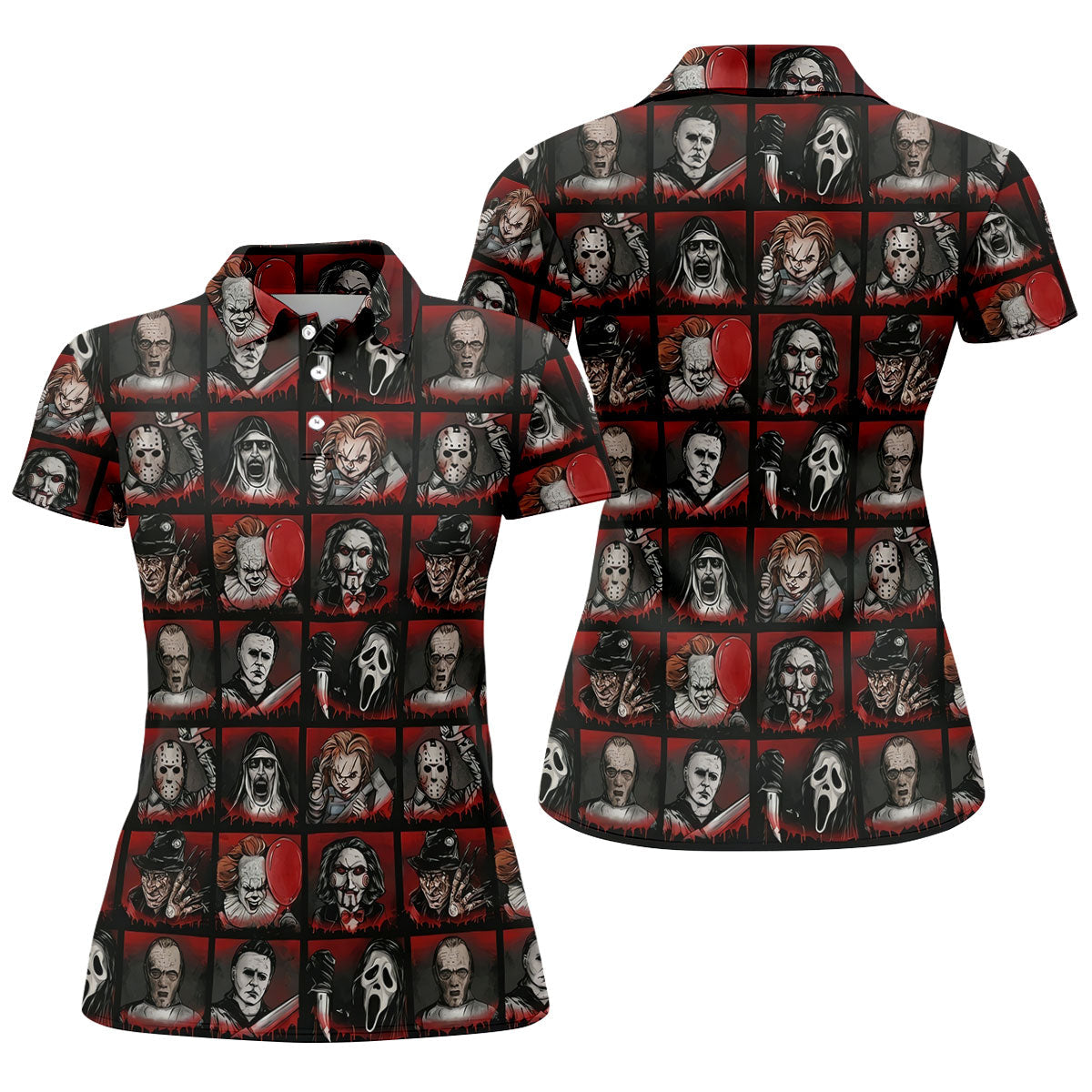 Horror Character Grid Halloween Golf Shirt, Ladies Golf Shirts, Women’s Golf Apparel