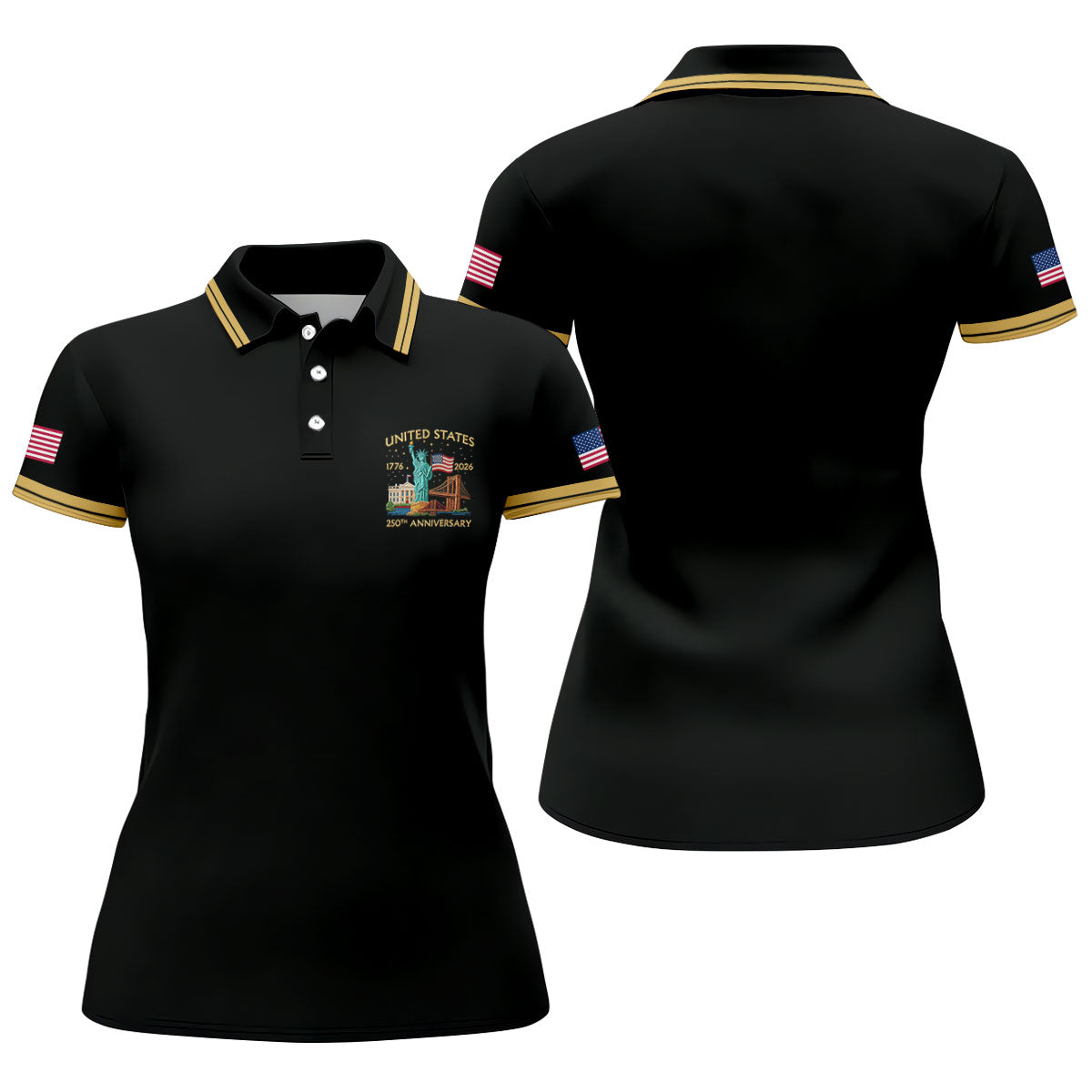 American Symbols Black Patriotic Golf Shirt, US 250 Years 4th Of July Golf Shirt For Women
