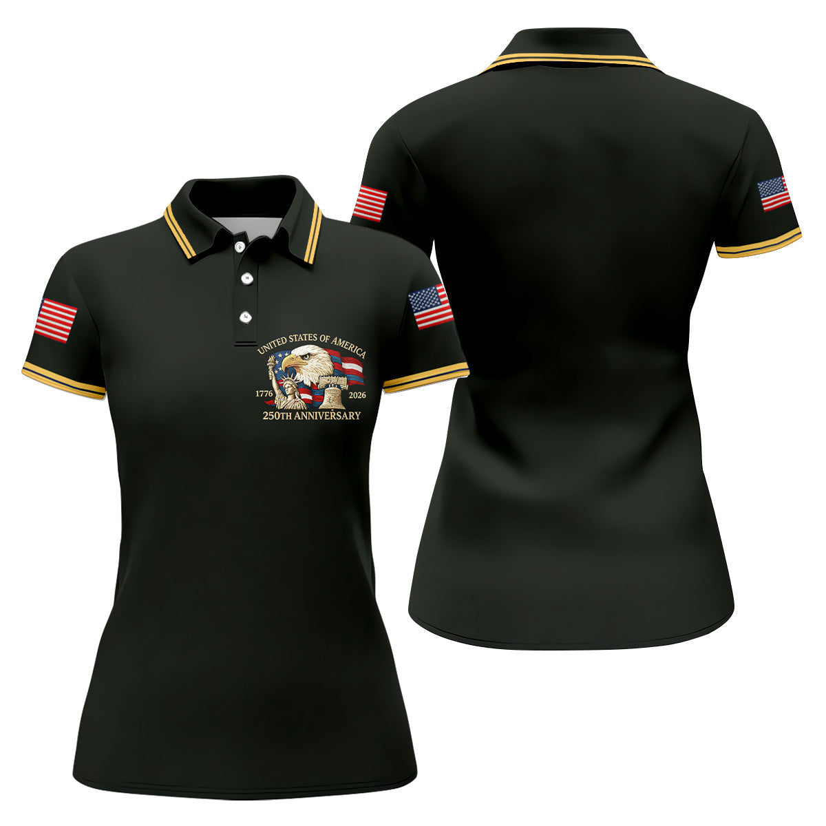 Bald Eagle American Flag 250 Years Black Golf Shirt, Patriotic 4th Of July Golf Shirt For Women