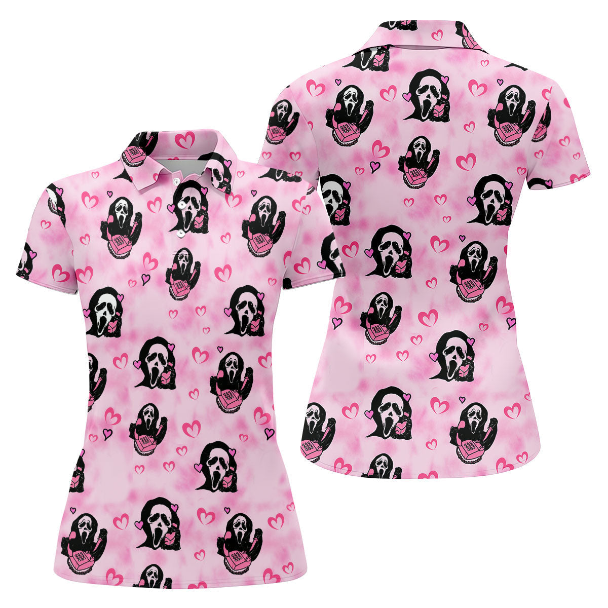 Pink Cute Ghost Caller Heart Pattern Halloween Golf Polo Shirt, Golf Shirts For Women