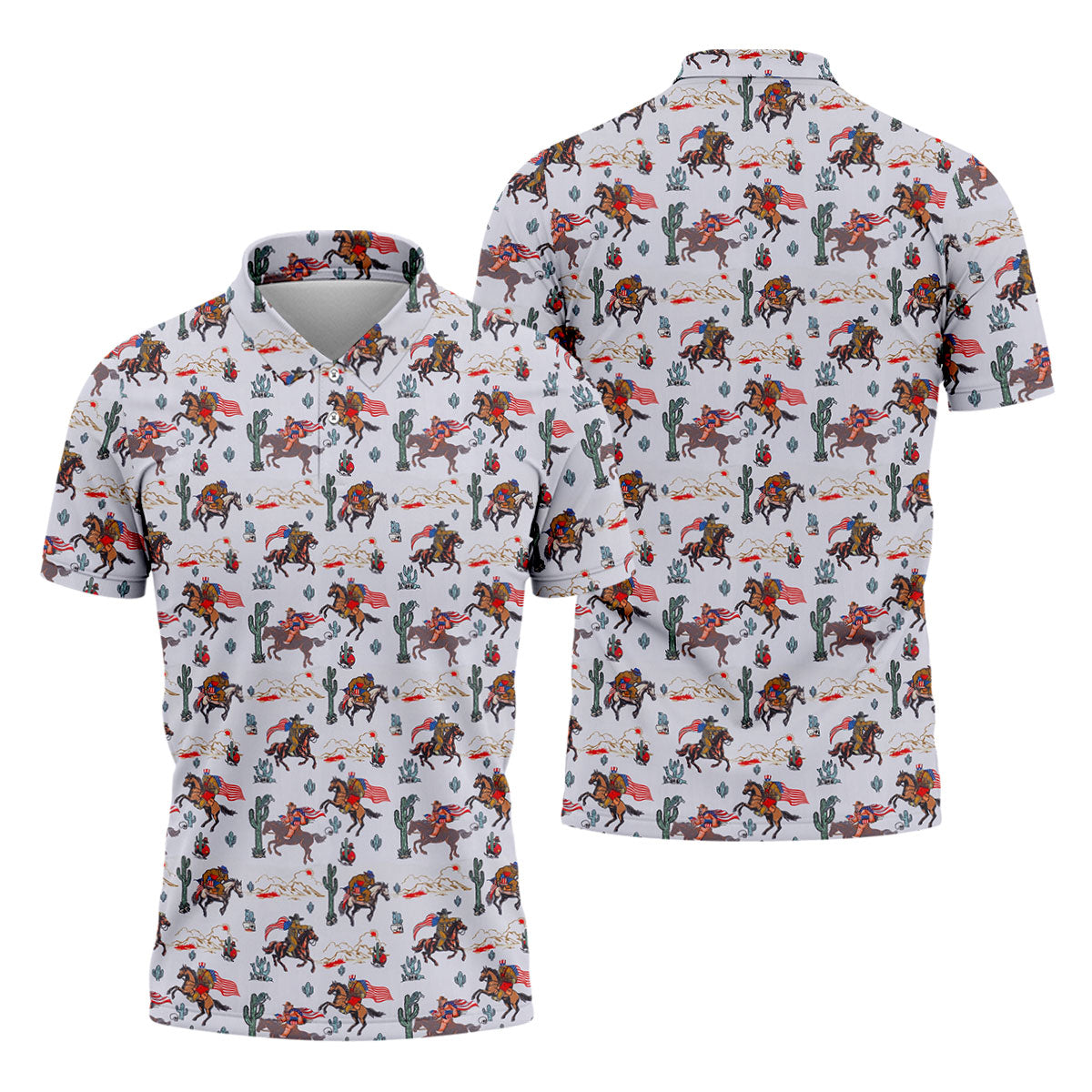 Patriotic Cowboy Horse Pattern Golf Polo Shirt, Men's Golf Polo, Hawaiian Golf Shirt