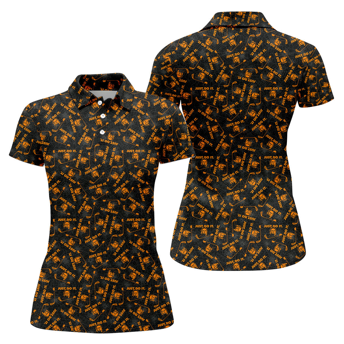 Horror Character Spider Web Pattern Halloween Polo Shirt, Women's Golf Tops, Golf Polo For Women