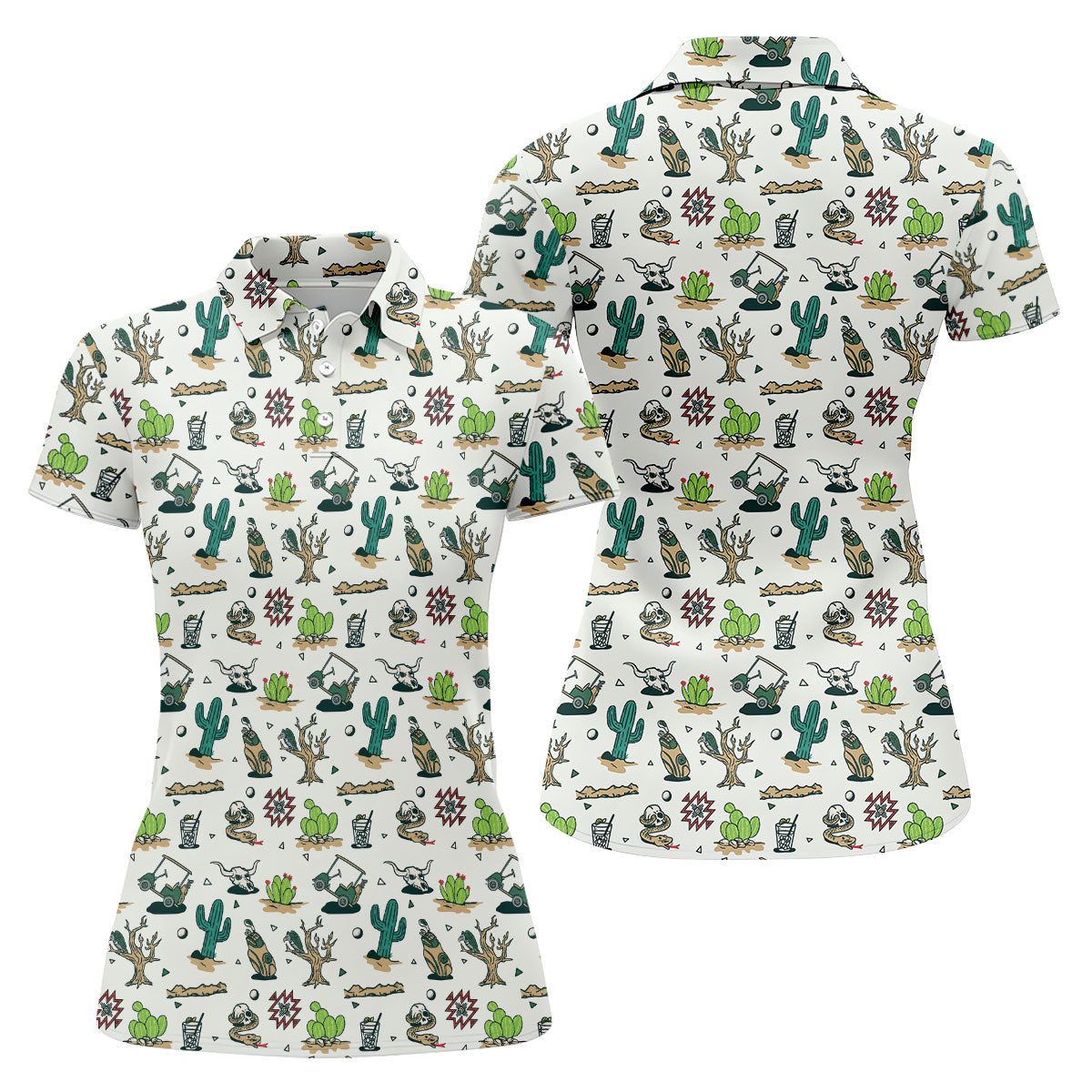 White Desert Golf Icons Pattern Golf Polo Shirt, Women's Golf Polo, Golf Polo Shirt