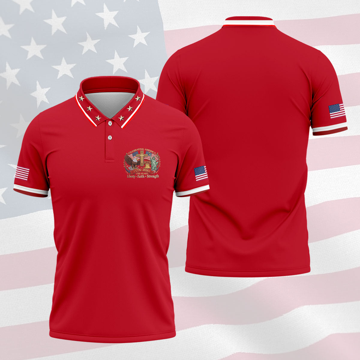 Liberty Faith Strength Faith Cross USA 250 Red Golf Shirt, 4th Of July Golf Shirts For Men