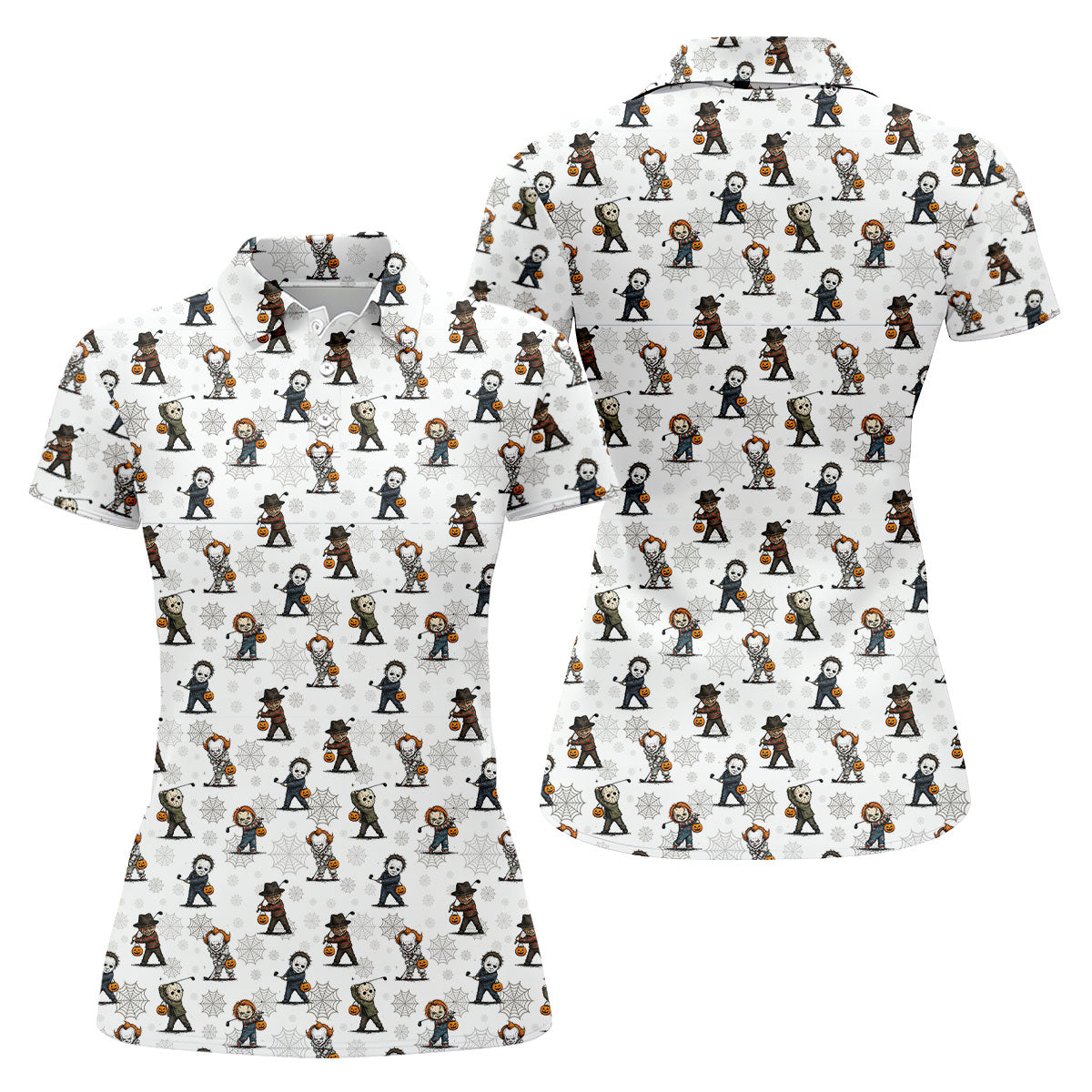Horror Character Halloween Golf Pattern Polo Shirt, Golf Polo For Women, Performance Golf Shirt