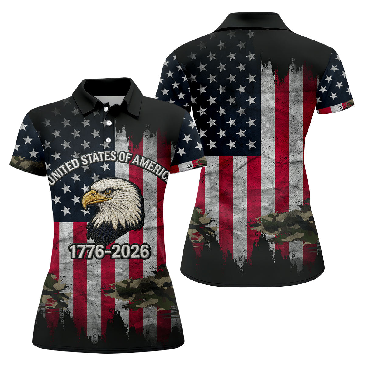 USA Bald Eagle 250 Years Camo American Flag Golf Shirt, Patriotic 4th Of July Golf Shirt For Women
