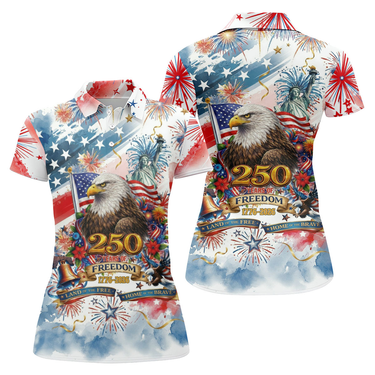 Land Of The Free Red White Blue Water Color Print 4th Of July Golf Shirt, 250 Years Golf Shirt For Women