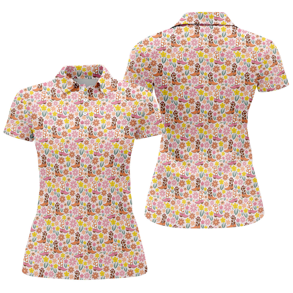 Pink Floral Cowgirl Boots Pattern Golf Polo Shirt, Golf Polo For Women, Ladies Golf Tops