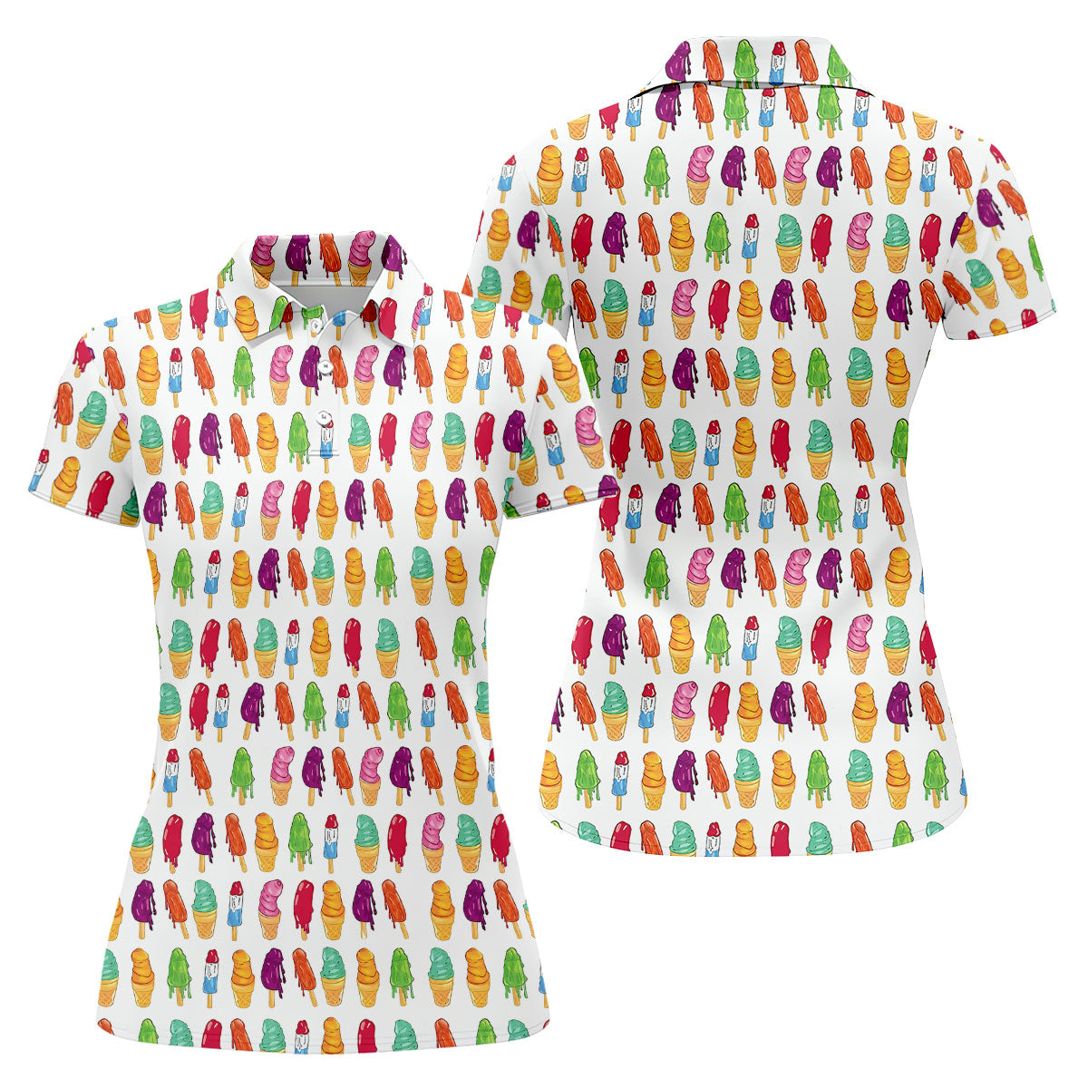 Colorful Ice Cream Pattern Golf Polo Shirt, Golf Tops For Women, Ladies Golf Top