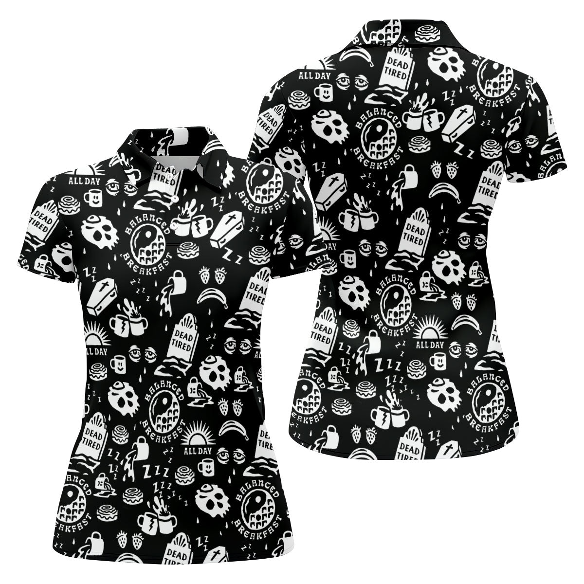 Dead Tired Coffee Breakfast Pattern Golf Shirt, Women's Golf Tops, Golf Shirts For Women