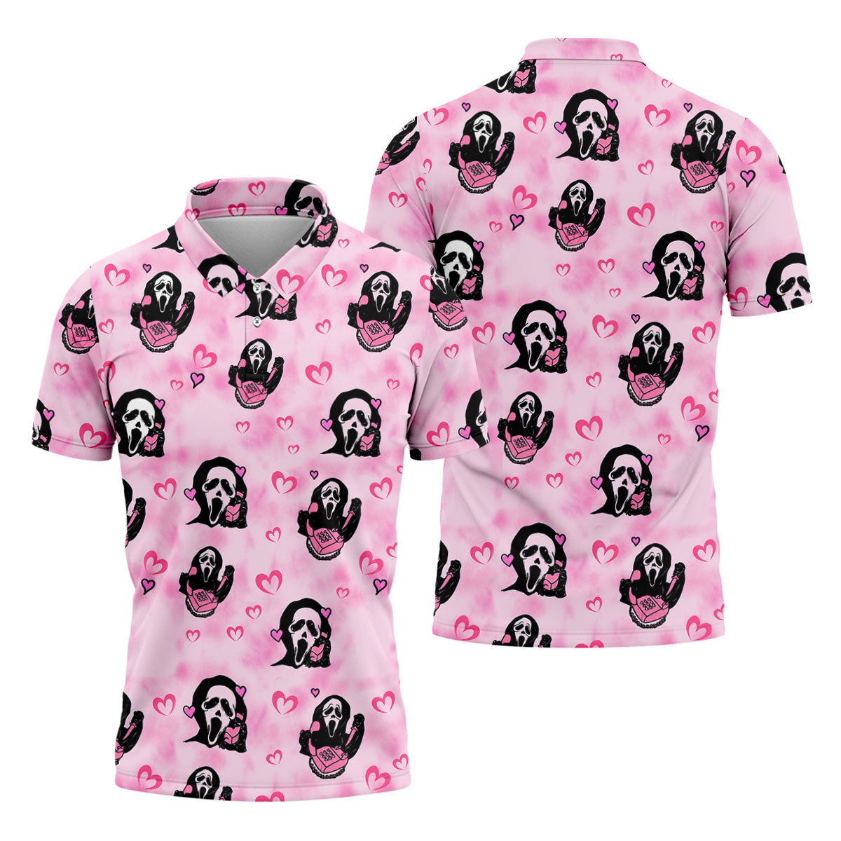 Pink Cute Ghost Caller Heart Pattern Halloween Golf Polo Shirt, Golf Apparel For Men