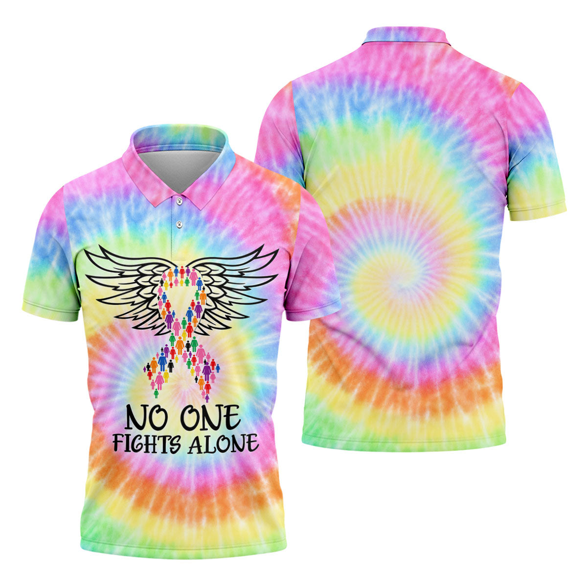 No One Fights Alone Cancer Ribbon Wings Polo Shirt, Golf Shirts For Men, Mens Golf Shirts