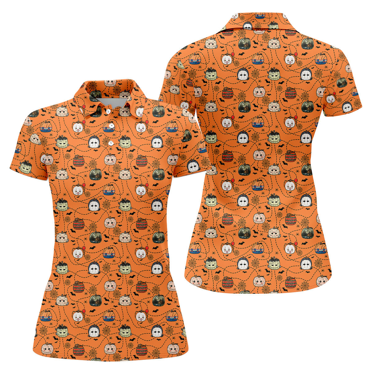 Orange Horror Character Pumpkin Pattern Golf Polo Shirt, Ladies Golf Shirts, Womens Golf Tops