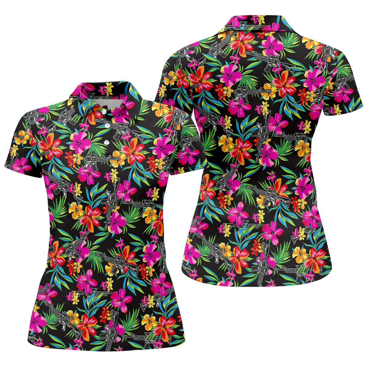 Black Tropical Floral Rifle Pattern Golf Polo Shirt, Golf Shirts For Women, Women's Golf Polo