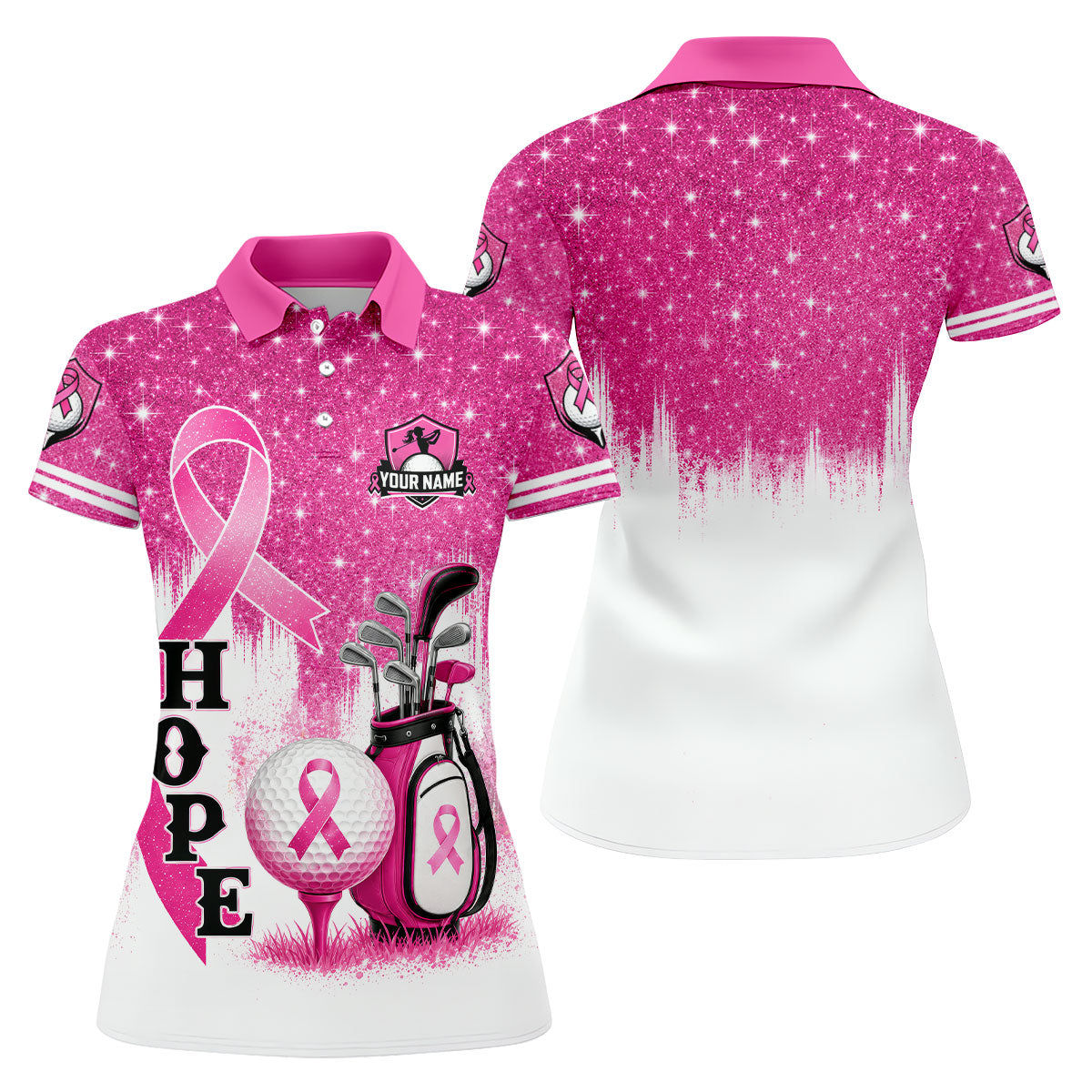 Custom Female Golfer Hope Breast Cancer Polo Shirt, Women’s Golf Apparel, Ladies Golf Top