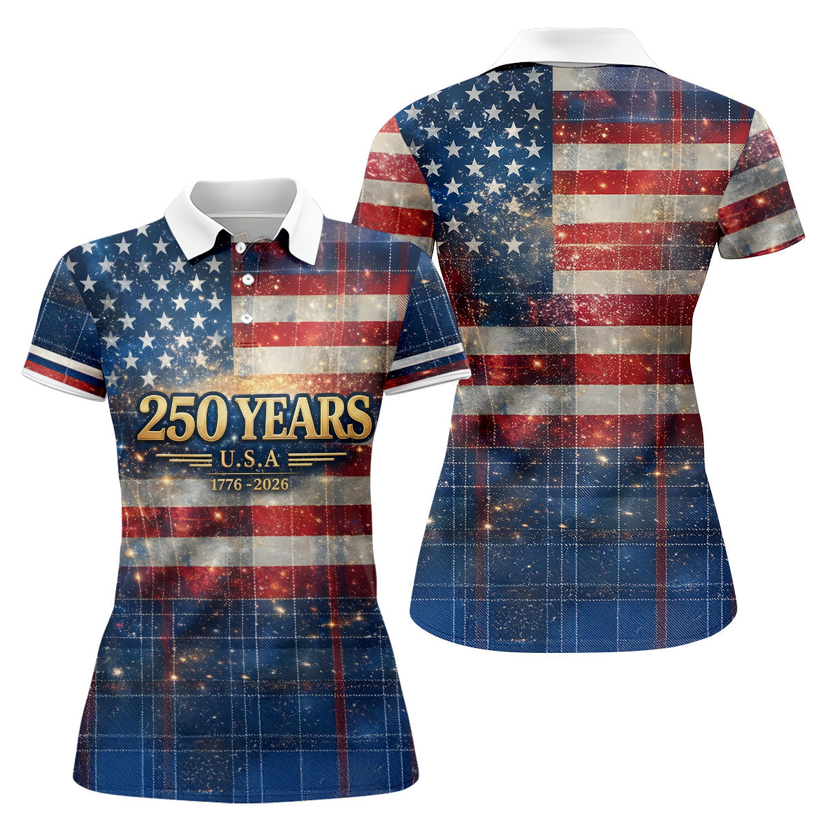 250 Years USA Galaxy Overlay Checkered Patriotic Golf Shirt, 4th Of July Golf Shirt For Women
