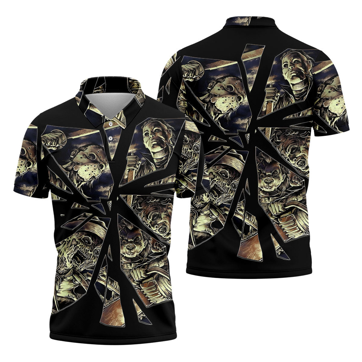 Broken Glass Horror Character Collage Golf Polo Shirt, Mens Golf Shirts, Hawaiian Golf Shirt