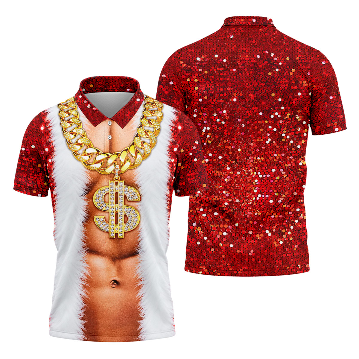 Funny Santa Gold Dollar Chain Golf Polo Shirt, Printed Golf Shirts, Mens Golf Apparel