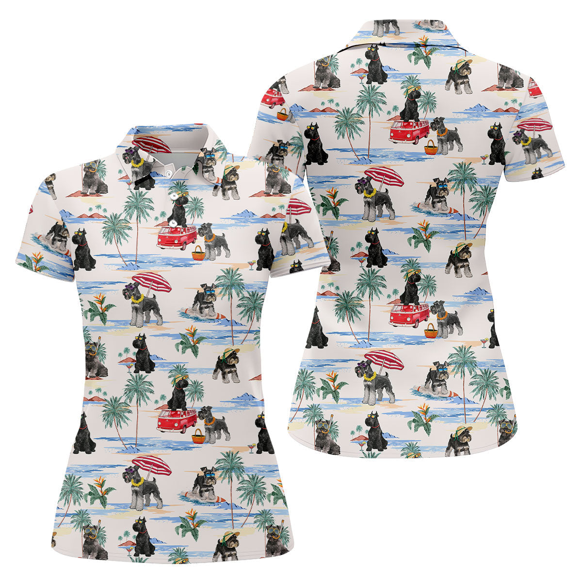 Schnauzer Beach Vacation Tropical Golf Polo Shirt, Golf Shirts For Women, Women’s Golf Apparel