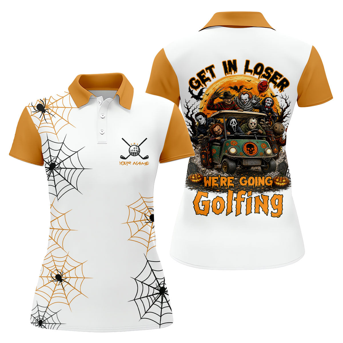 Custom Get In Loser We're Going Golfing Halloween Horror Character Golf Shirt, Golf Shirts For Women