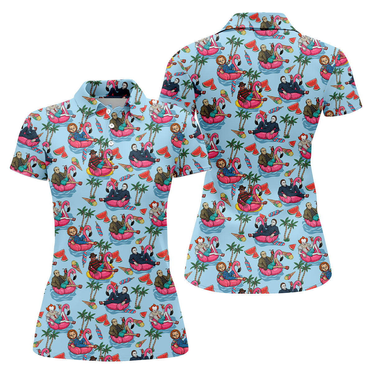 Retro Horror Character Villains Floating On Flamingo Pool Floats Golf Polo Shirt, Women's Golf Polo, Golf Tops For Women