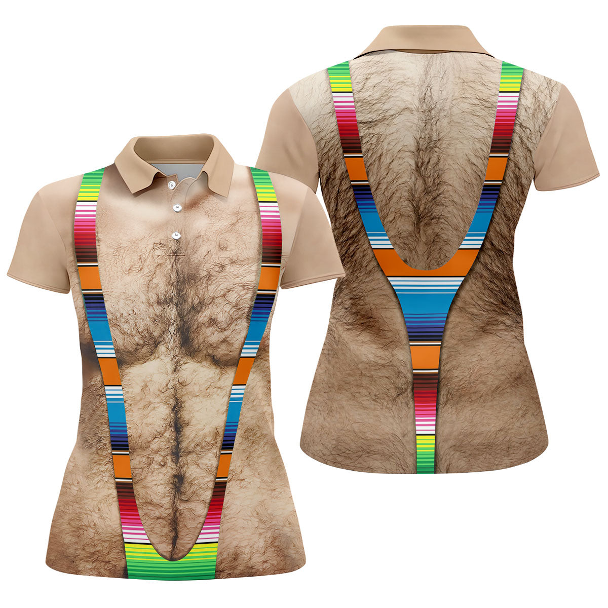 Hairy Body Serape Pattern Funny Cinco De Mayo Ladies Golf Tops, Golf Shirt For Women