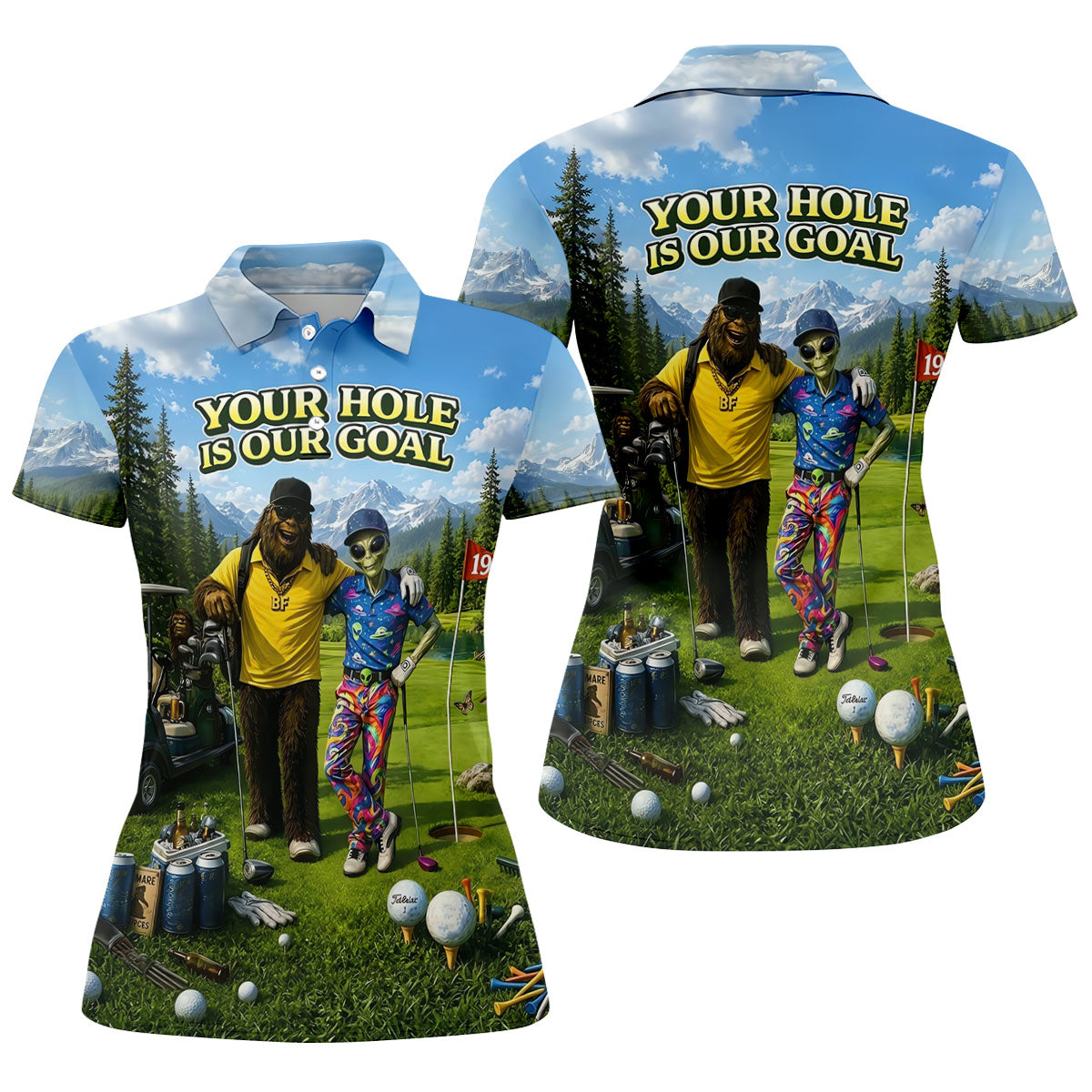 Your Hole Is Our Goal Funny Bigfoot Alien Golf Polo Shirt, Ladies Golf Top, Golf Shirt