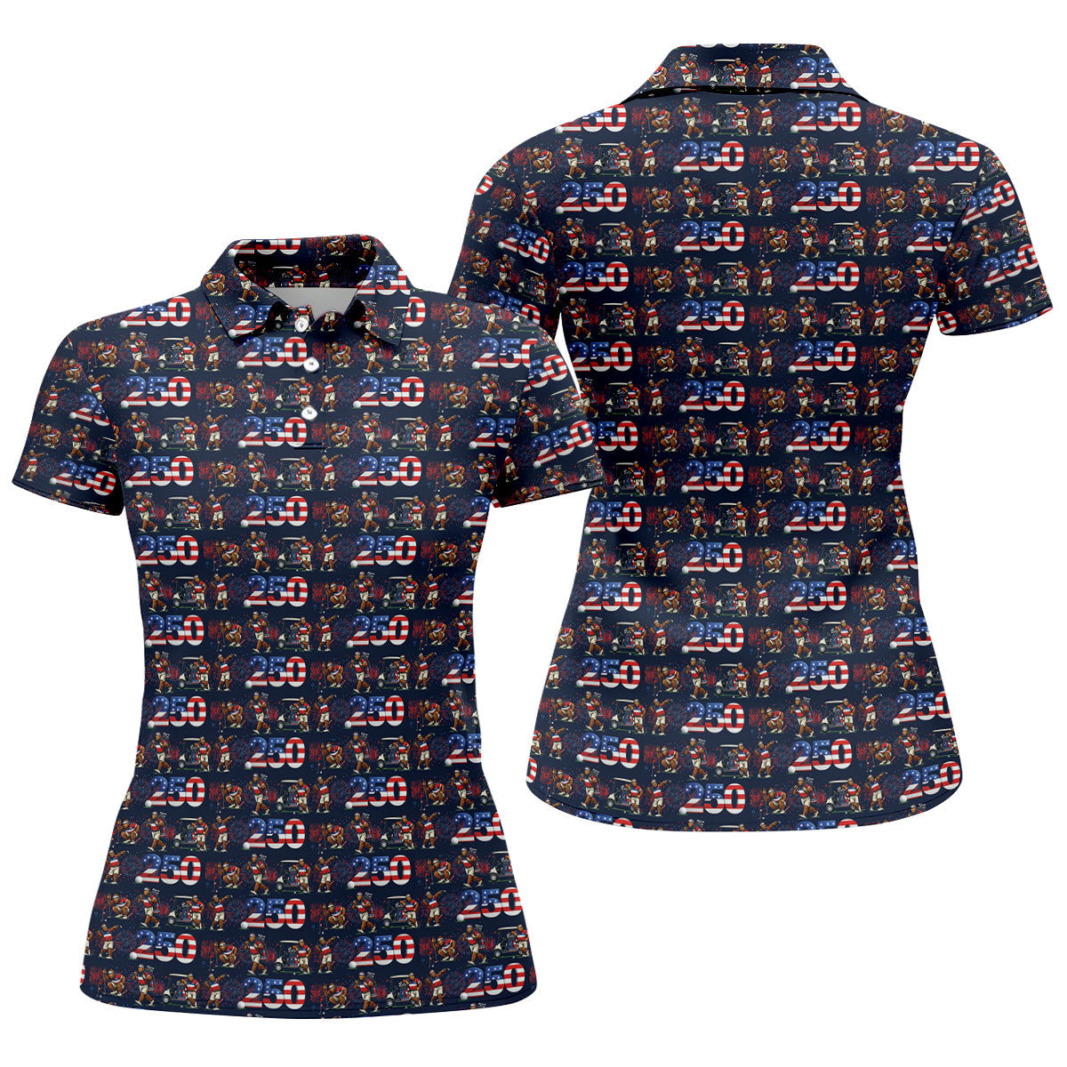 Funny Bigfoot Golf Pose Patriotic 4th Of July Black Golf Shirt, 250 Years Golf Shirt For Women