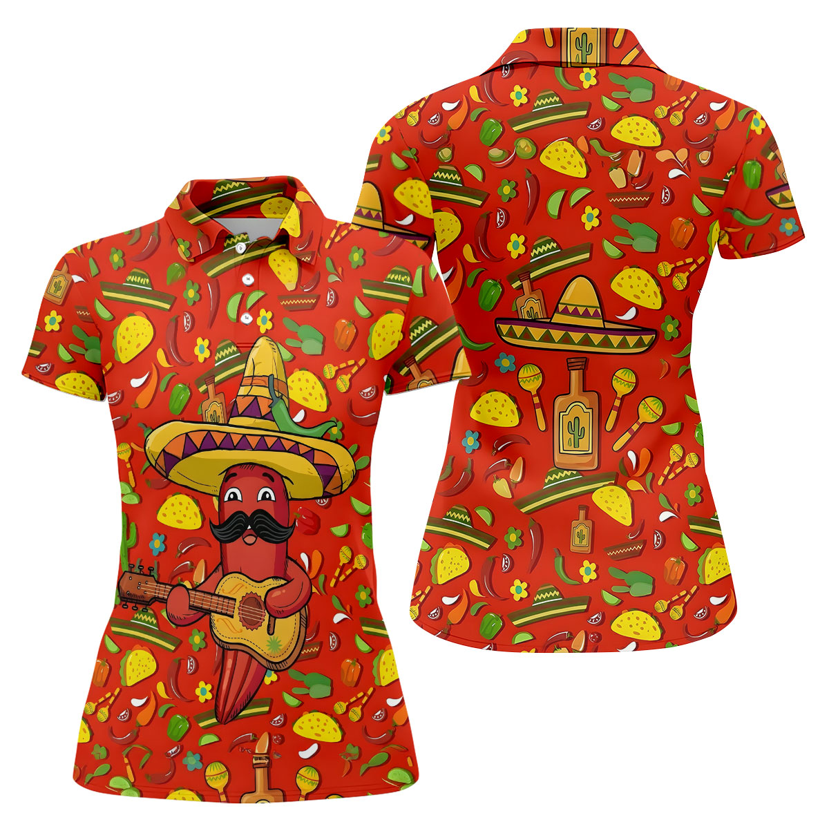 Cartoon Chili Pepper Mexican Guitar Cinco De Mayo Celebration Fiesta Themed Golf Shirt For Women