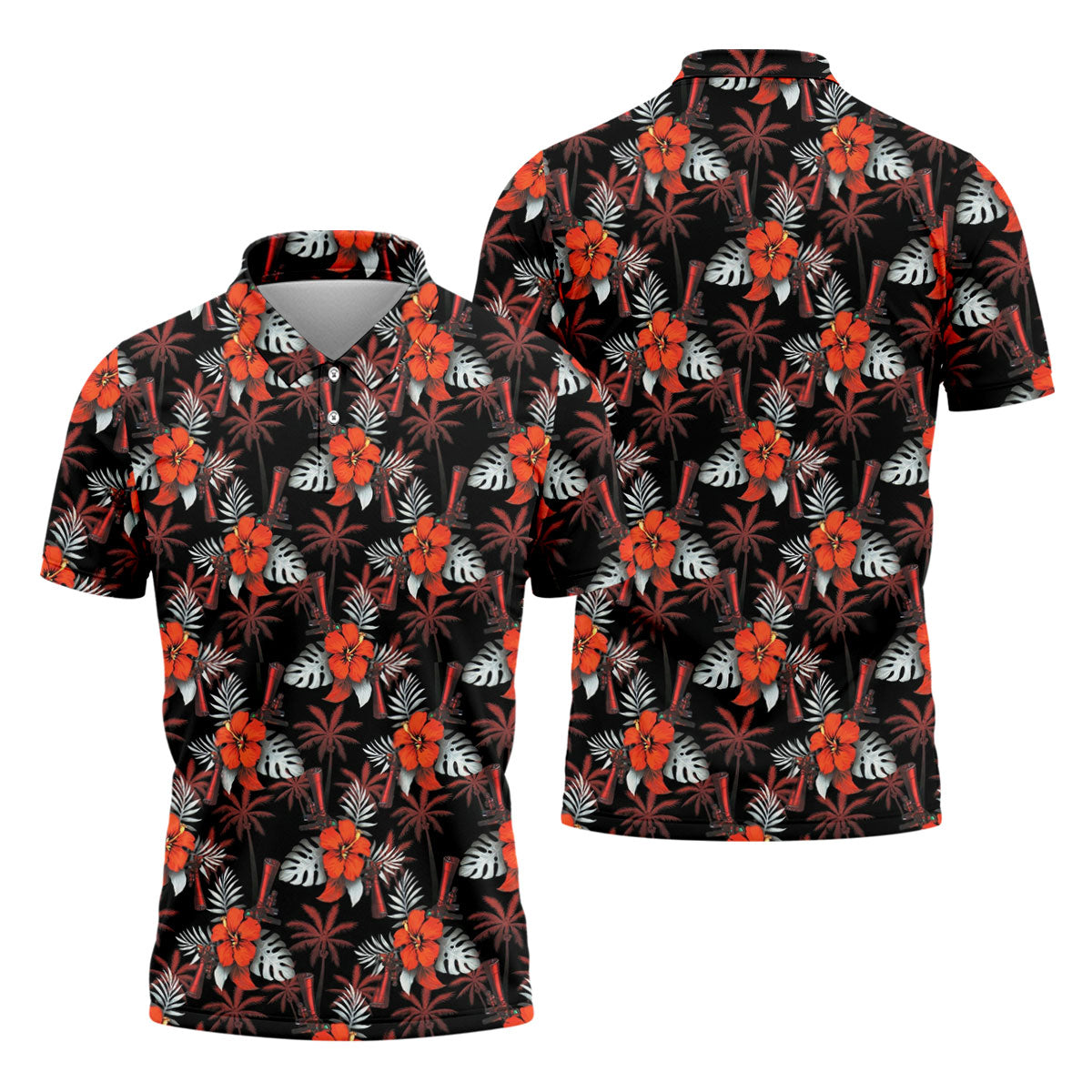 Orange Hibiscus Black Hawaiian Golf Shirt, Summer Vibe Golf Shirts For Men