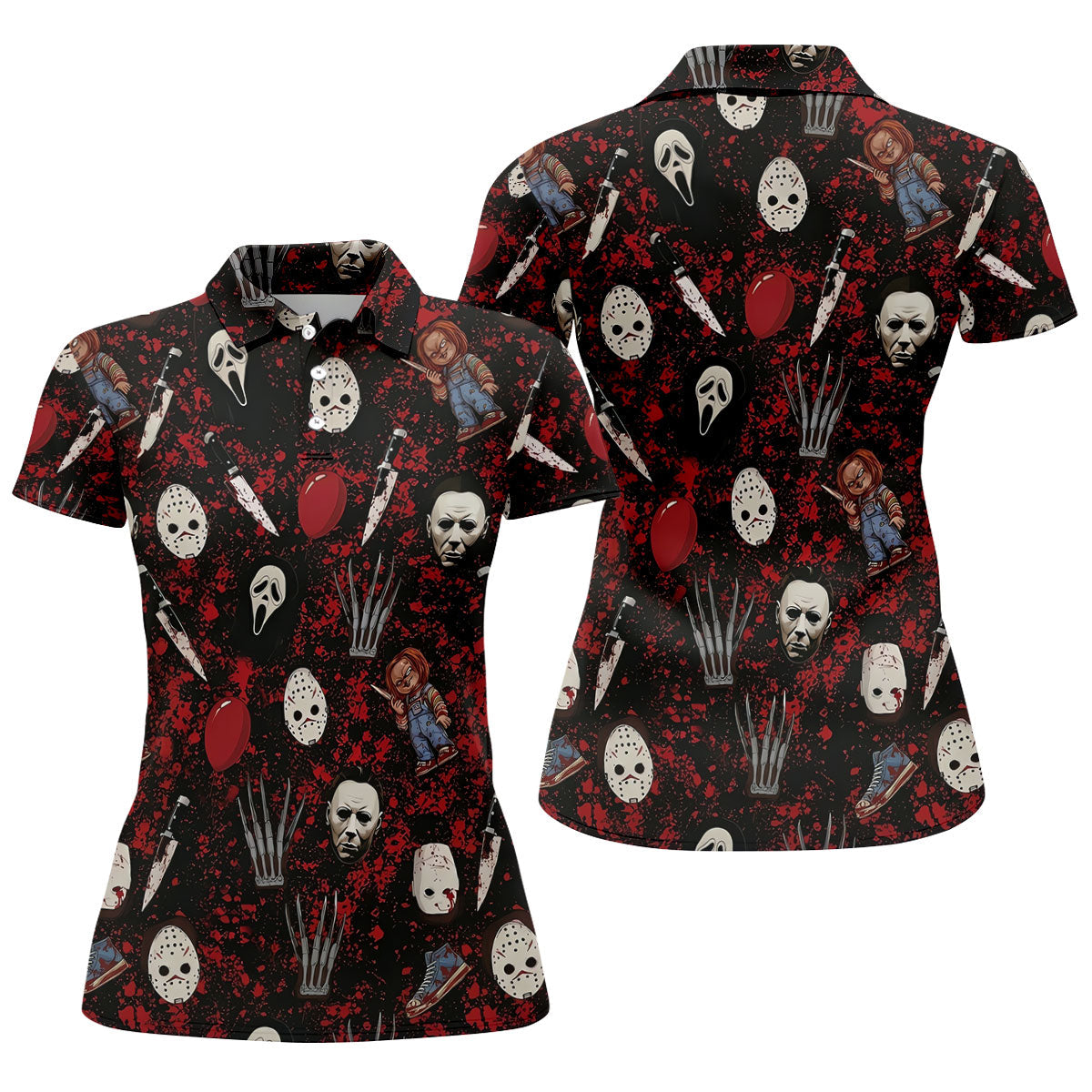 Halloween Horror Character Mask Pattern Hawaiian Golf Shirt, Women's Golf Tops, Golf Polo For Women