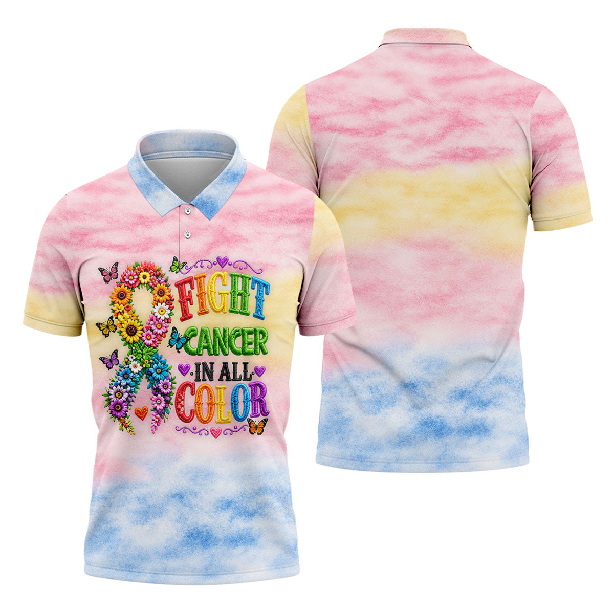 Fight Cancer In All Color Floral Ribbon Polo Shirt, Mens Golf Polo, Printed Golf Shirts