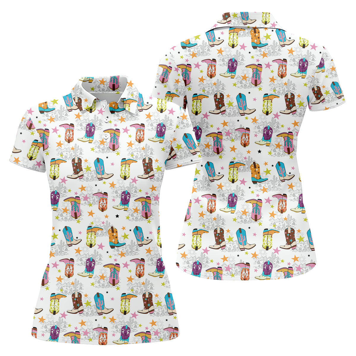 Colorful Western Cowboy Boots Pattern Hawaiian Golf Shirt, Ladies Golf Shirt, Women’s Golf Apparel