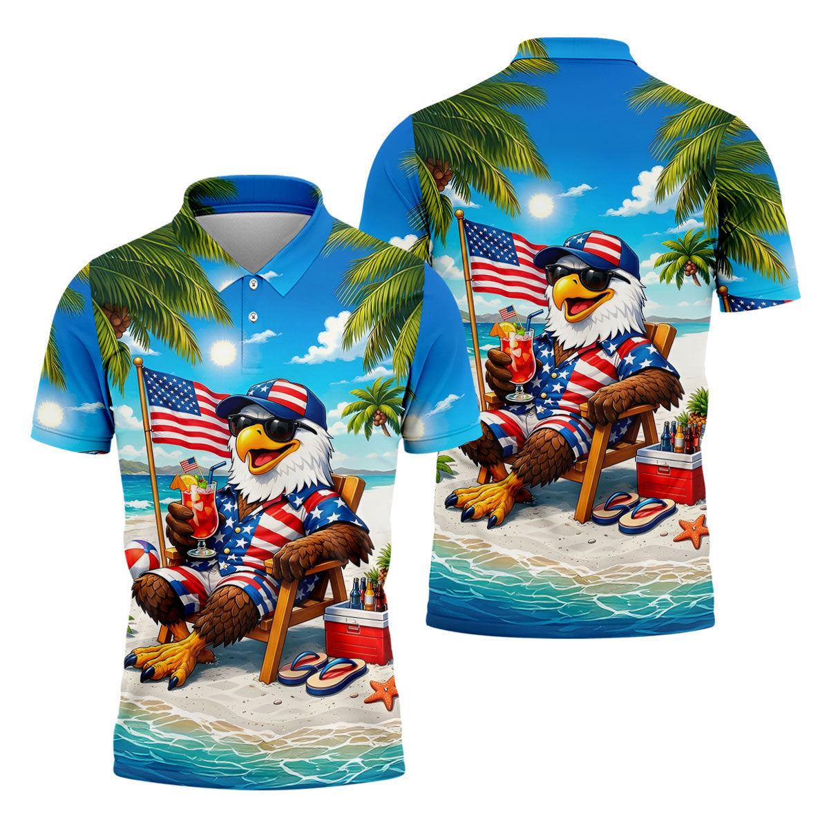 Funny Bald Eagle US Flag Pattern Hawaiian Golf Shirt, 250 Years Patriotic 4th Of July Golf Shirts For Men