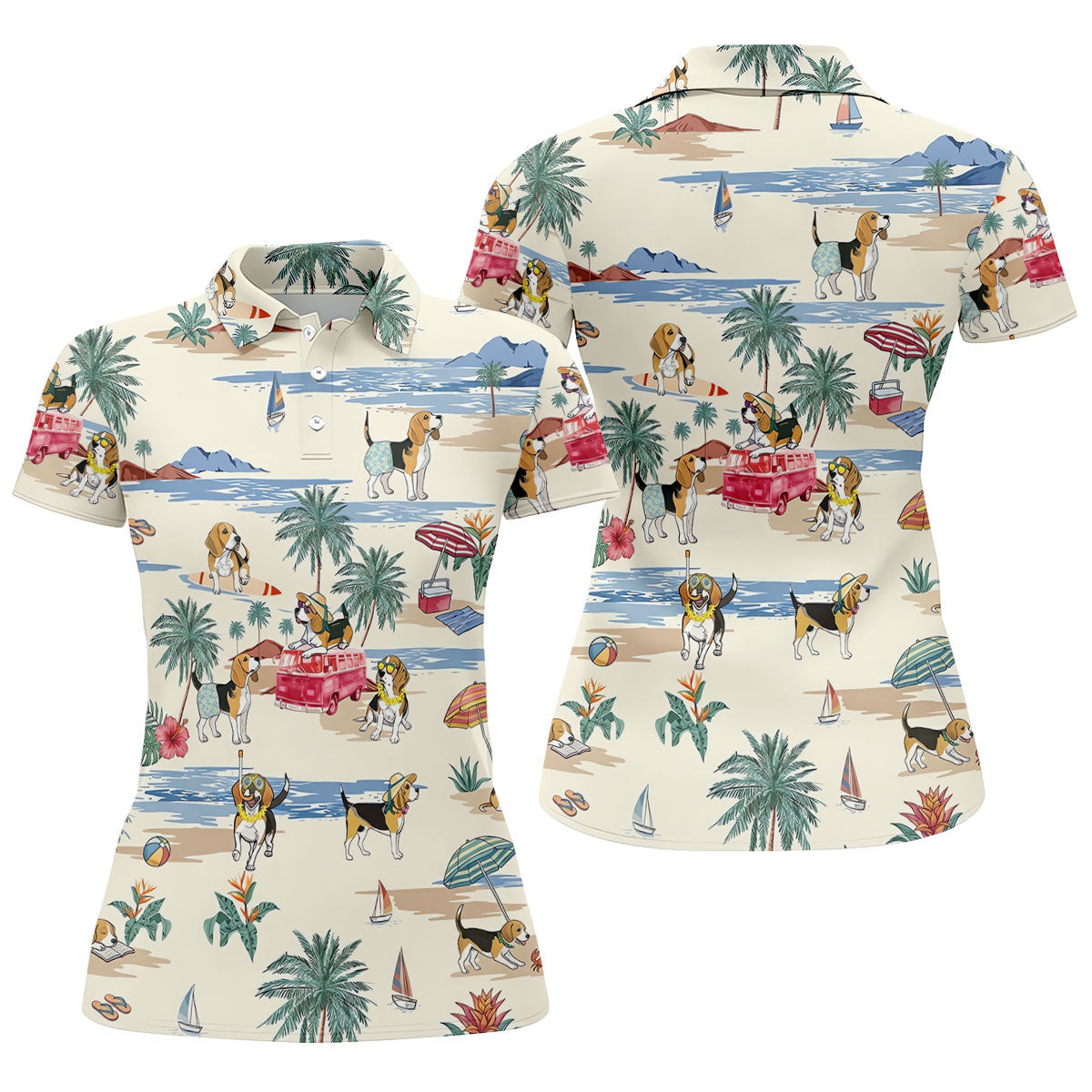 Cute Beagle Beach Vacation Tropical Golf Polo Shirt, Golf Shirts For Women, Women's Golf Apparel