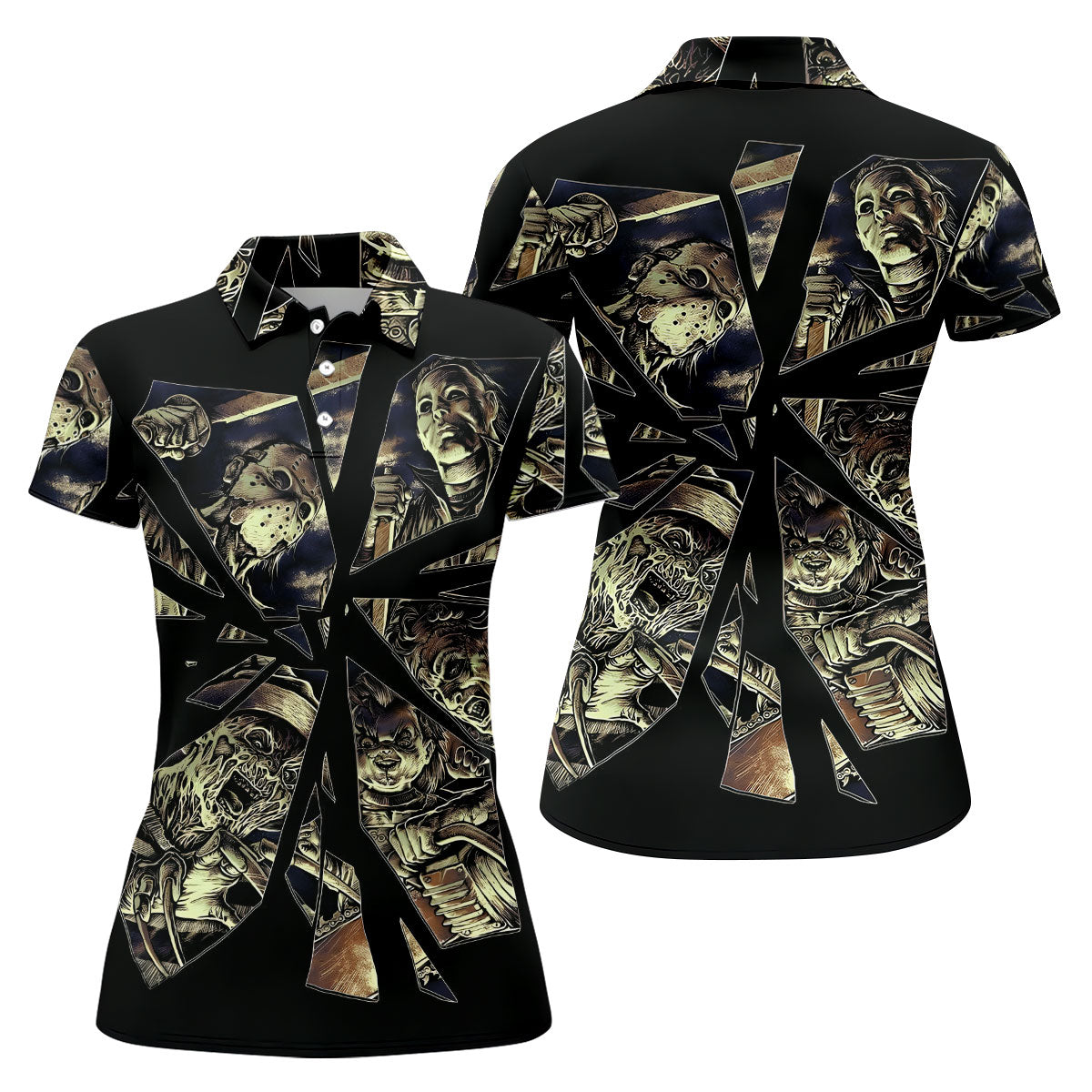 Broken Glass Horror Character Collage Golf Polo Shirt, Womens Golf Polo, Ladies Golf Shirts
