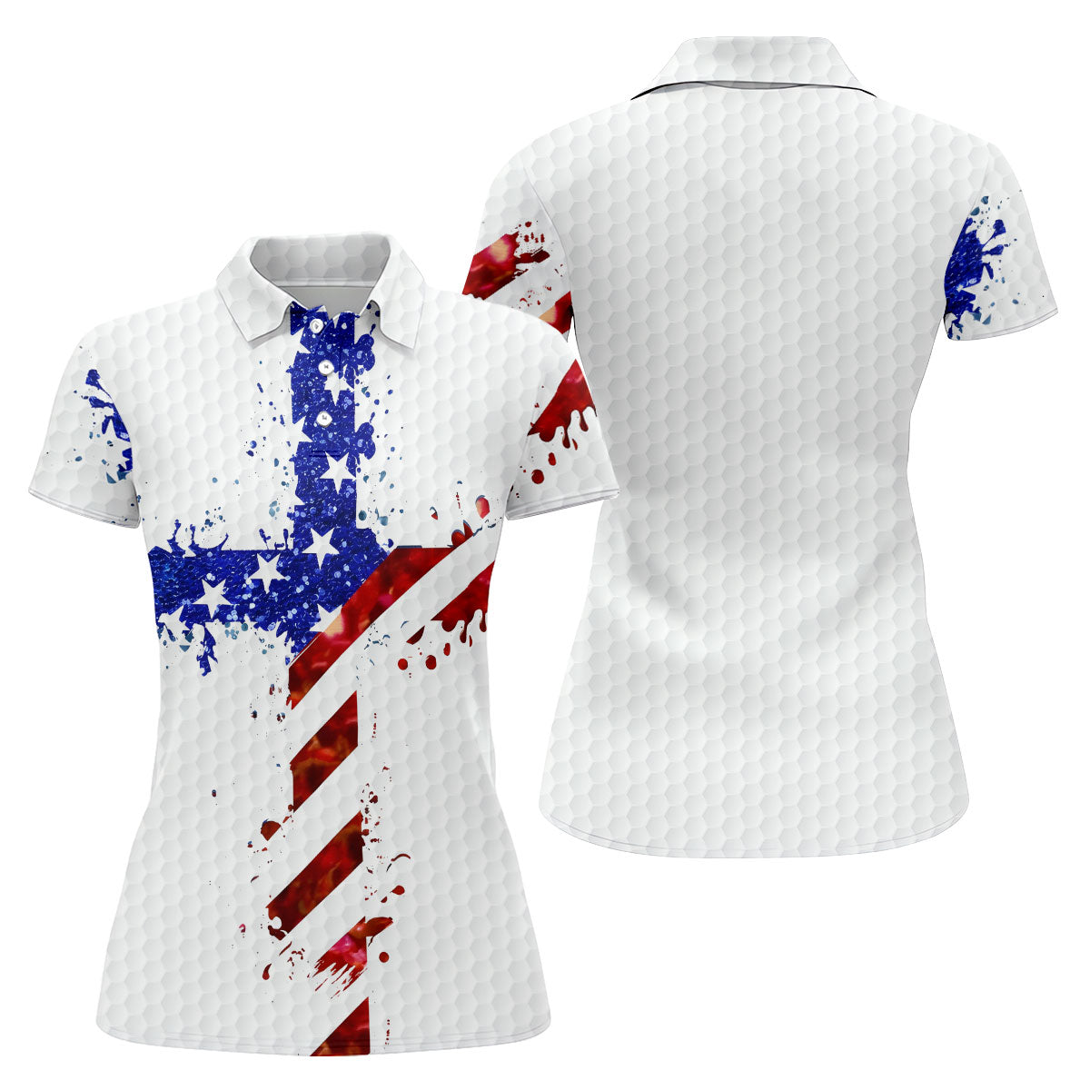 Red White Blue Paint Splash Faith Cross Patriotic Golf Shirt, 250 Years 4th Of July Golf Shirt For Women