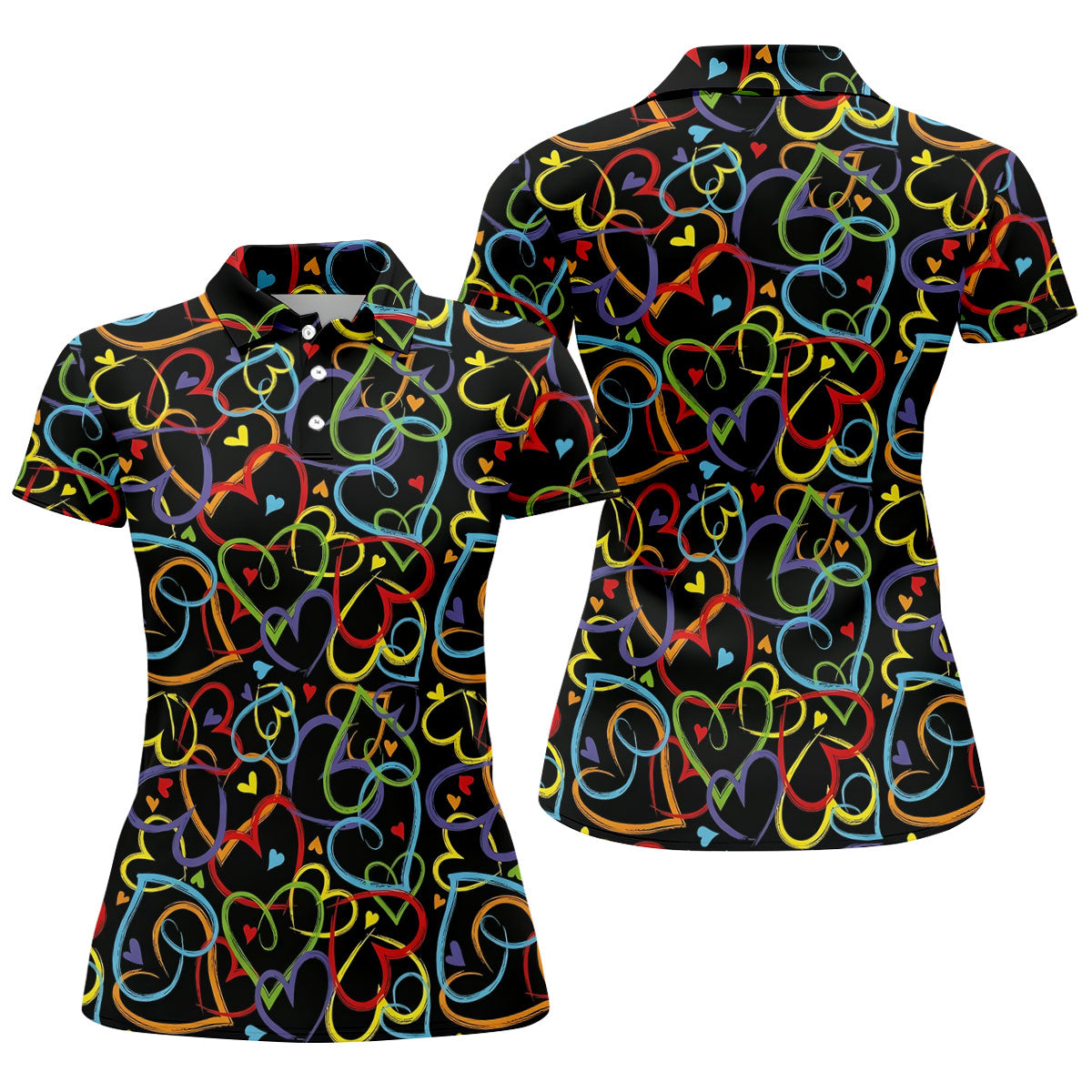 Colorful Heart Outline Pattern Golf Polo Shirt, Golf Shirts For Women, Ladies Golf Shirt