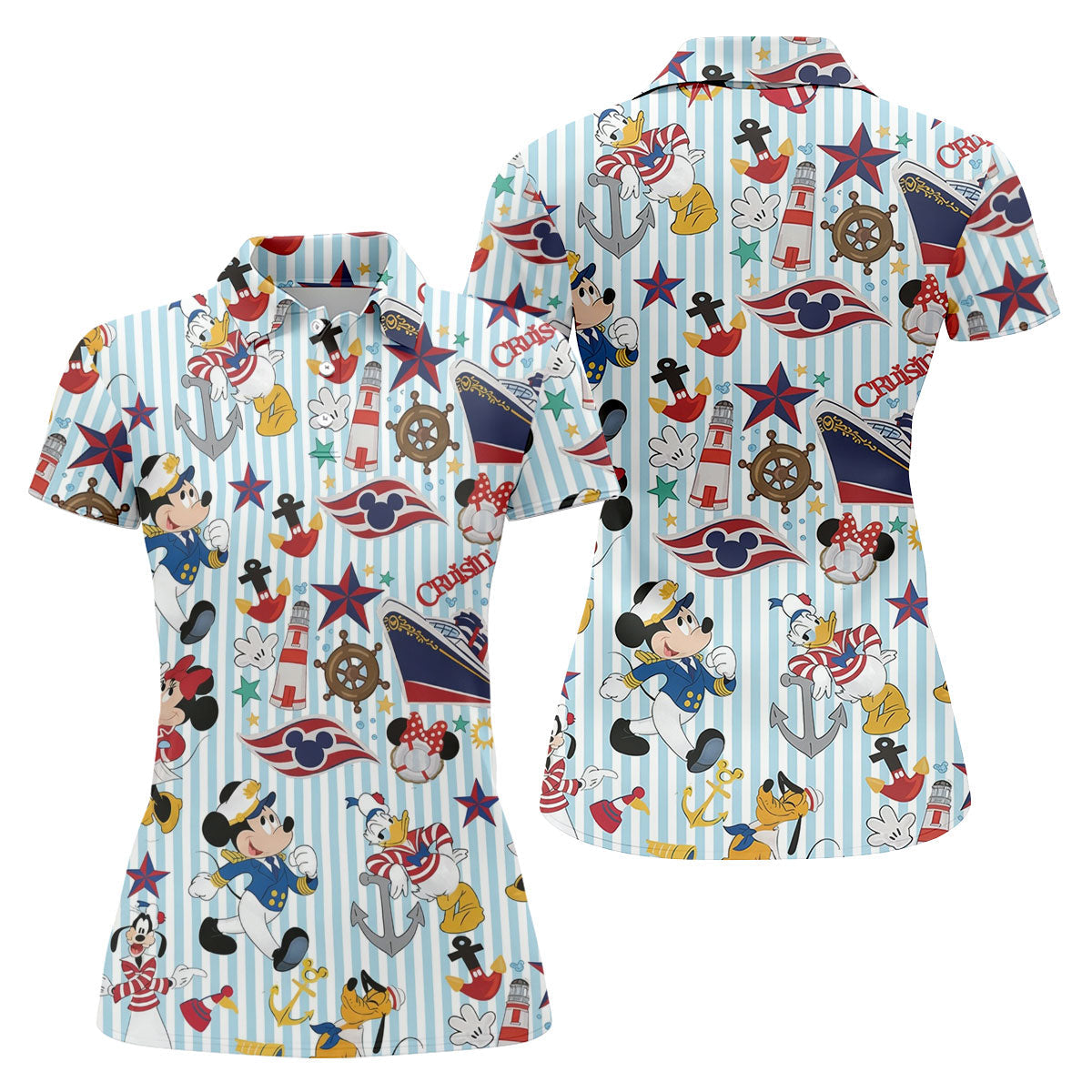 Nautical Cruise Cartoon Pattern Golf Polo Shirt, Womens Golf Tops, Ladies Golf Shirt