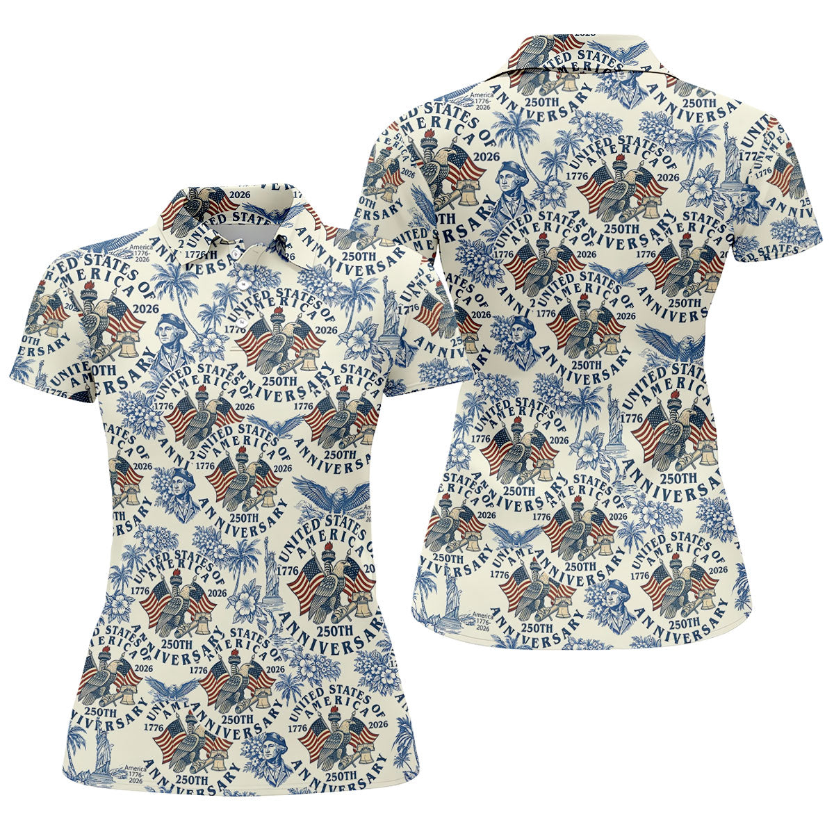 USA 250th Anniversary Toile De Jouy Hawaiian Golf Shirt, Patriotic 4th Of July Golf Shirt For Women